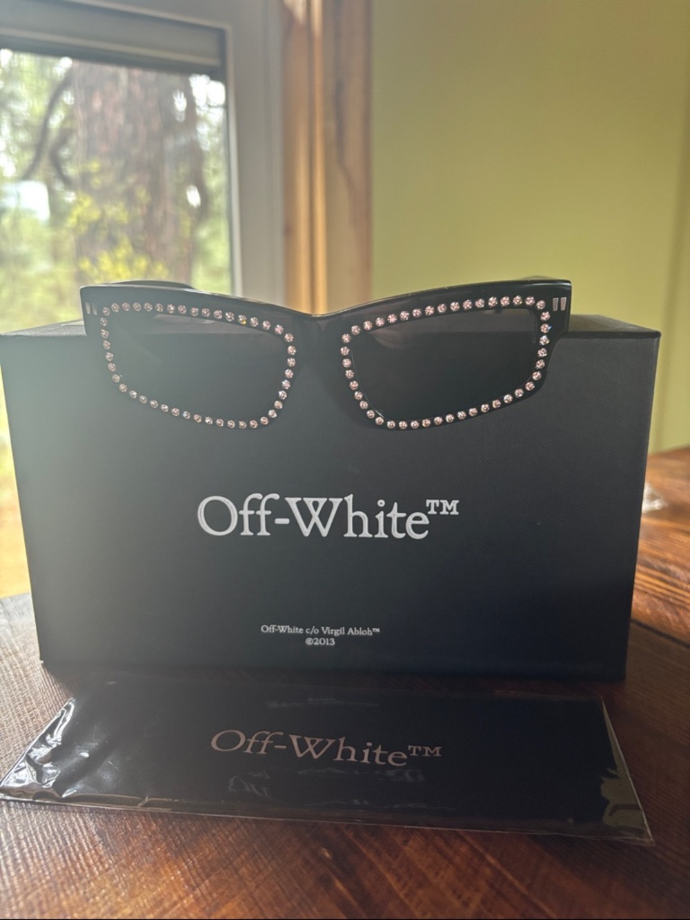 Off-White Black Rectangle Sunglasses with Crystal Trim - Picture 2 of 4